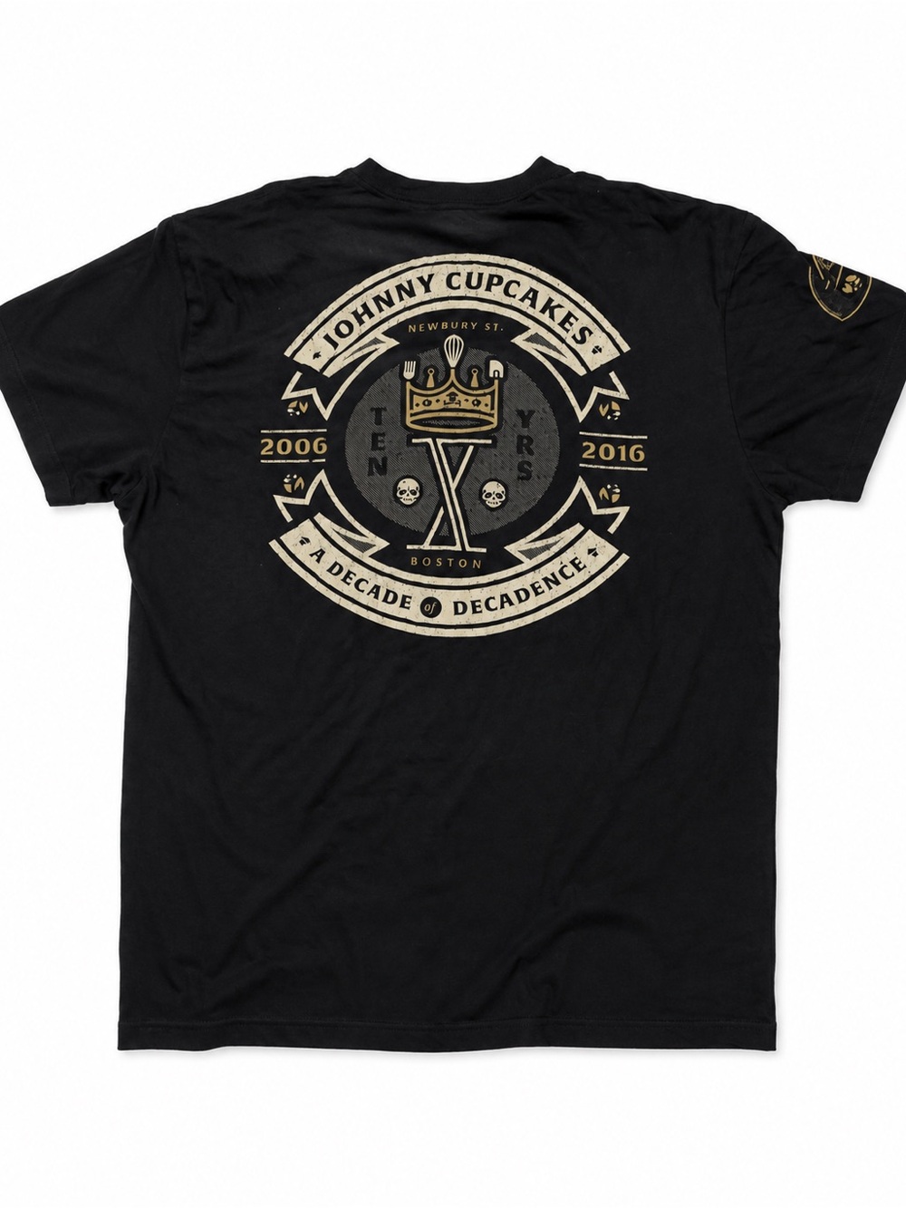 Johnny Cupcakes Black Tee with Cream & Gold Boston Decadence Shirt T-Shirt